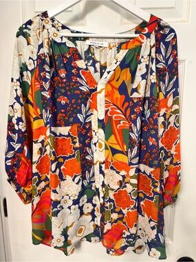 Rose & Olive Navy Floral Button-Front Women's Blouse - Orange & Green Print
